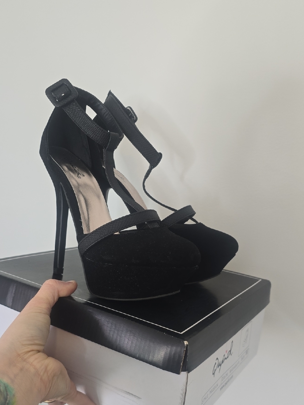 Cupid Black High Heel Platform Ankle-Strap Pumps
